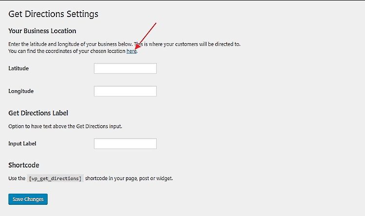 The settings screen for the WP Get Directions plugin for WordPress